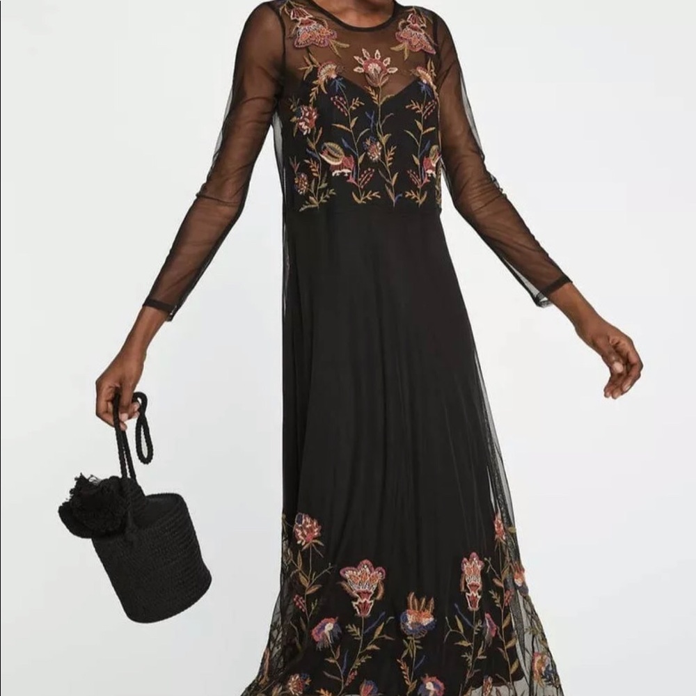 NWT ZARA SHEER TULLE FLORAL EMBROIDERED MIDI DRESS